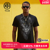 TCH潮牌T恤烫钻豹子春秋新款 男女黑色短袖 T69A108042