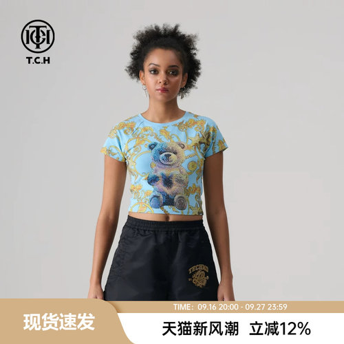 TCH轻奢夏季新款烫钻短款圆领T恤上衣男女同款T72B106068