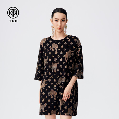 TCH轻奢烫上衣连衣裙女春秋新款宽松气质百搭T恤裙T72C306066