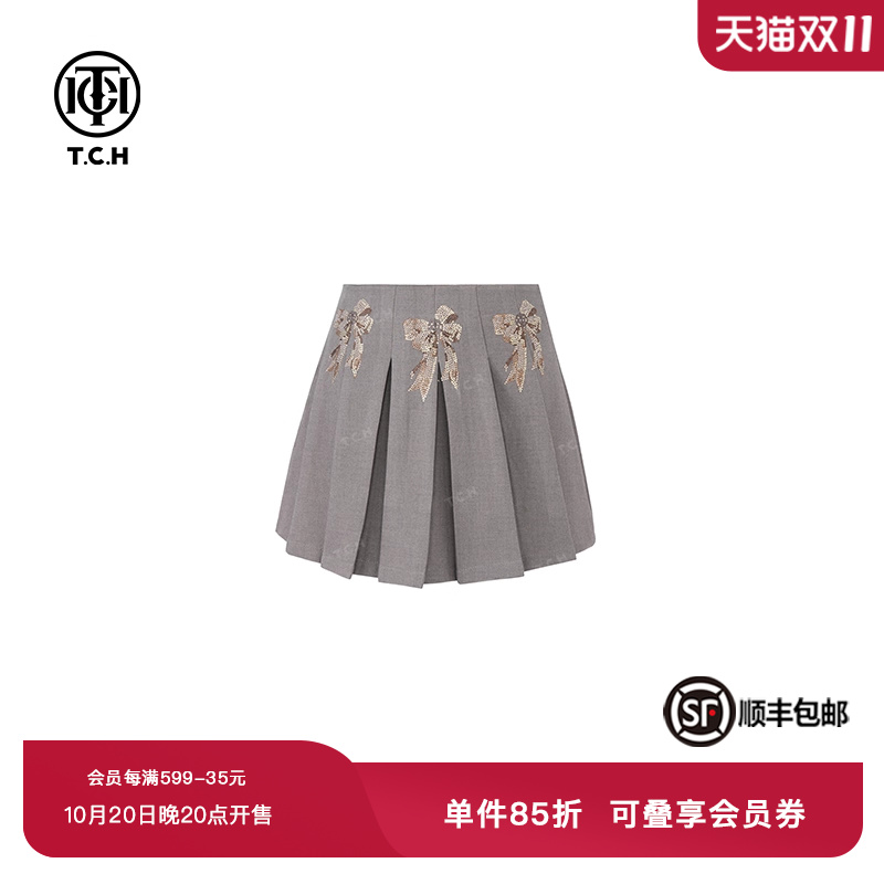 私服-TCH潮牌百搭春季卡其烫钻蝴蝶结休闲时尚半裙T75A22E5006