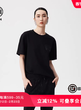 TCH春秋新款烫钻黑色简约半袖T恤男女同款休闲短袖T72C106068