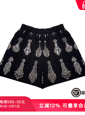 TCH潮牌夏季新款烫钻华丽耳钉满钻黑色短裤T72B21E6035