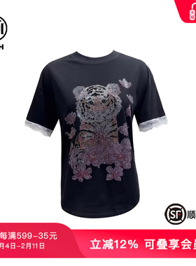 TCH新中式时尚夏季新款烫钻花卉小老虎黑色短袖T恤T75B10E1006