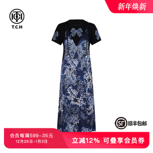 TCH私服烫钻印花国风复古气质宽松显瘦假两件连衣裙女T75B30E5123
