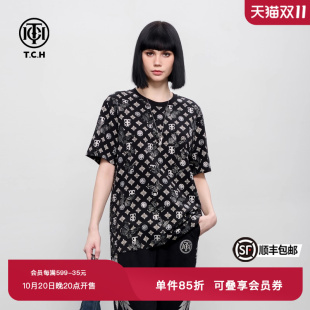 时尚 新款 休闲百搭宽松短袖 夏季 T恤男女同款 TCH烫钻满印半袖