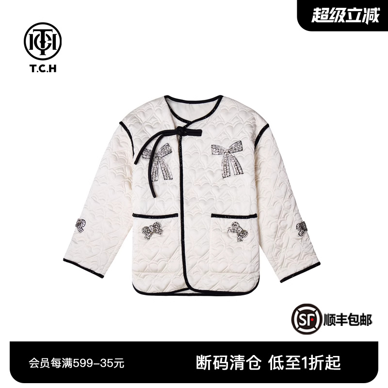 TCH2024冬季新款蝴蝶结烫钻棉服外套新中式盘扣面包服T72D186055