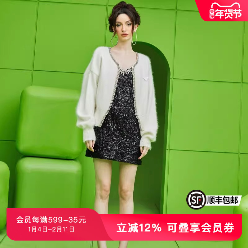 TCH潮牌潮牌新款重工烫钻锁链休闲短款潮流针织开衫T69A438006