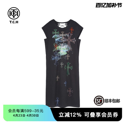 TCH私服轻奢十字架烫钻时尚宽松显瘦无袖连衣裙女夏季T75B30E5177