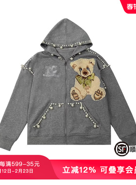 TCH春秋高定手缝钻珍珠小熊刺绣灰色拉链衫外套T72C27E9018