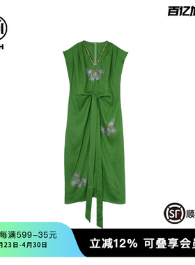 TCH私服烫钻设计感无袖时尚休闲百搭V领亚麻连衣裙女T75B30E5078