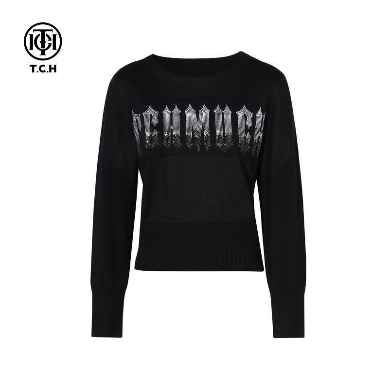 TCH私服字母烫钻毛衣收腰休闲显瘦绵羊毛圆领针织衫女T75C09E1145