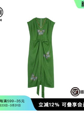 TCH私服烫钻设计感无袖时尚休闲百搭V领亚麻连衣裙女T75B30E5078