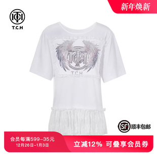 TCH私服烫钻夏季 T恤女T75C10B1019 蕾丝拼接洋气百搭气质短袖
