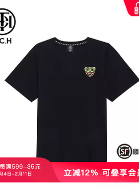 TCH轻奢潮牌短袖T恤烫钻虎头极简春秋男女黑色T69A106188