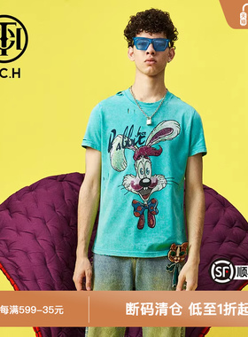 TCH轻奢潮牌短袖T恤烫钻领结兔子先生男女蓝色T66D108052