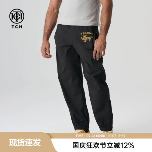 轻奢TCH时尚潮牌新款字母龙图腾烫钻黑色长裤T72A206058
