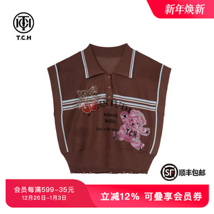 TCH私服烫钻polo领拼色条纹宽松针织背心女25夏季 T75B09E5058 新款