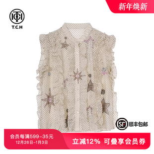 TCH私服烫钻时髦气质波点百搭荷叶边无袖 上衣女T75B13E5056 衬衫