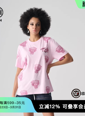 TCH夏季新款轻奢潮流烫钻粉色短袖宽松时尚T恤女T72B106023