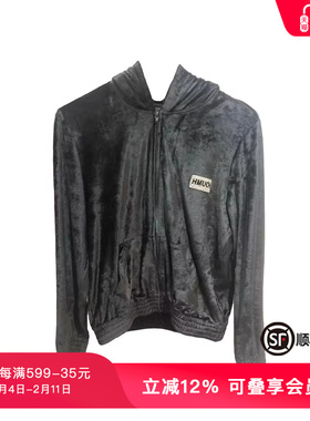 TCH百搭烫钻时尚丝绒连帽黑色长袖外套25春秋新品T72A17E6007