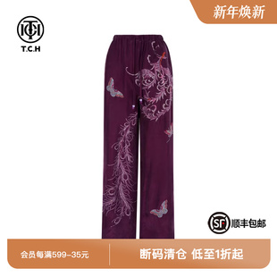 T75B20E5109 女夏季 TCH私服烫钻时尚 蝴蝶印花直筒宽松轻薄休闲裤