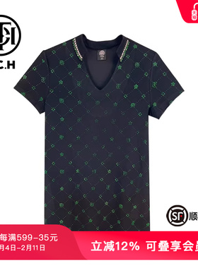 TCH新中式系列烫钻显瘦气质POLO领黑色连衣裙T72C306027