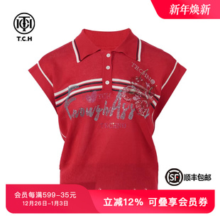TCH私服烫钻百搭简约时尚 polo领针织T恤女T75B09E5066 宽松飞飞袖