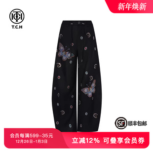 TCH私服烫钻薄款 女T75B20E5103 亚麻气质百搭弯刀阔腿宽松休闲长裤