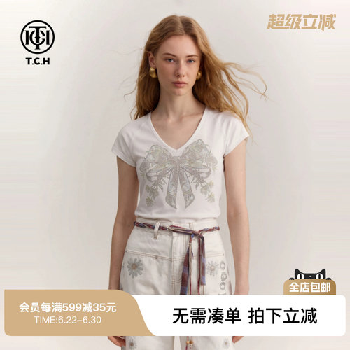 TCH烫钻蝴蝶结V领T恤女装修身显瘦百搭洋气短袖休闲风白色上衣