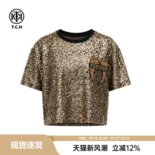 TCH潮牌亮片短款短袖T恤女夏季宽松圆领重工百搭上衣T78A10B9049