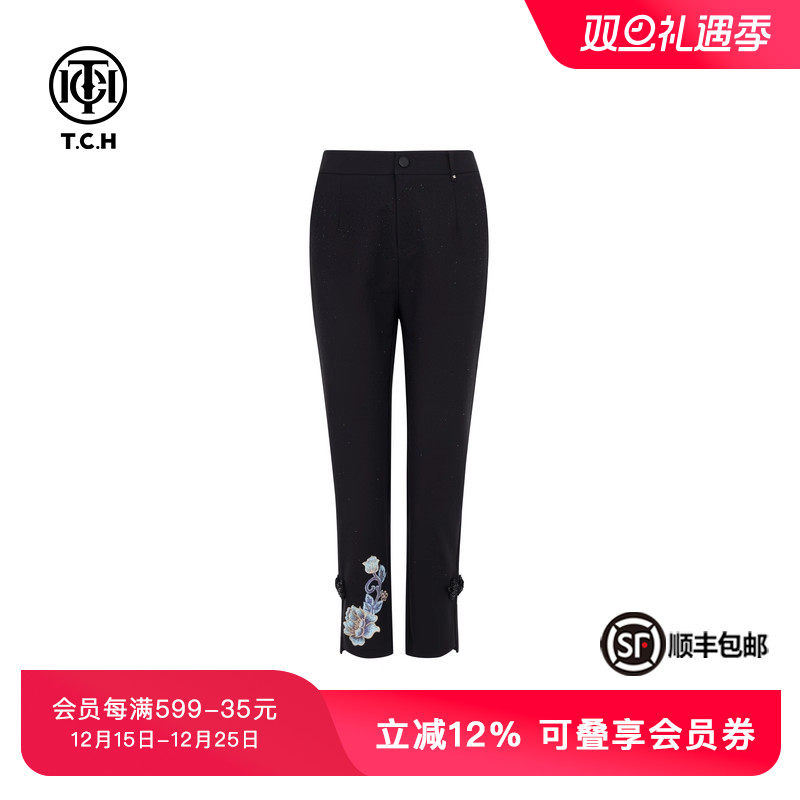 TCH轻奢烫钻工艺新中式黑色修身长裤小脚裤女T72B208002私服tch
