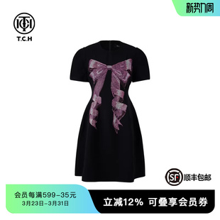 TCH私服高定蝴蝶结烫钻气质黑色连衣裙女夏季 T75A30E1001 新款