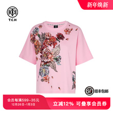 TCH轻奢烫钻新中式时尚休闲洋气圆领宽松短袖T恤女夏T72B10E6065