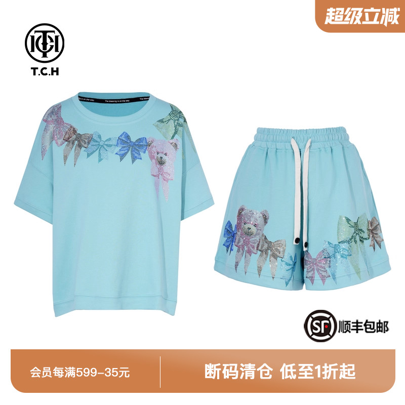 TCH私服烫钻休闲时尚宽松圆领短袖T恤短裤套装女夏季T75B07E5071