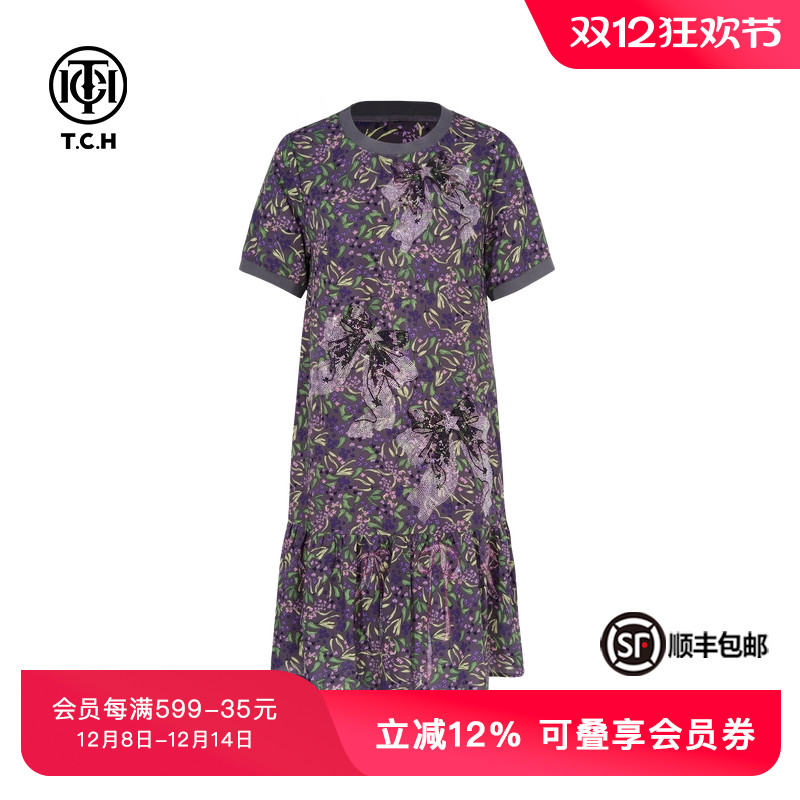 TCH私服烫钻时尚休闲圆领显瘦碎花气质连衣裙女T75B30E5232