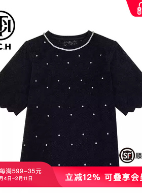 TCH新中式系列烫钻新中式时尚黑色蕾丝珍珠T恤T72B10E9082