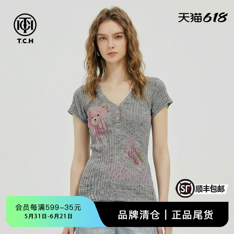 TCH小熊烫钻坑条针织T恤女夏季新款V领修身显瘦轻奢潮牌短袖上衣