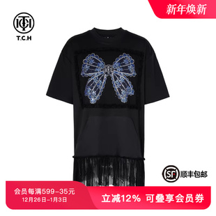 TCH私服蝴蝶结烫钻蕾丝拼接宽松韩版 T恤女夏T75C10B1010 显瘦短袖