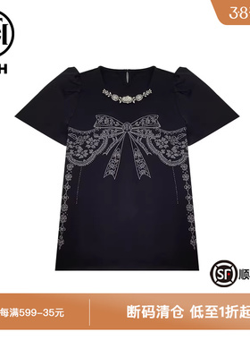 TCH新中式系列烫钻时尚黑色蝴蝶结手工短袖T恤T72B10E9078