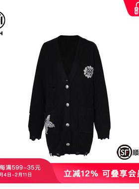 轻奢TCH时尚潮牌翅膀字母刺绣烫钻废土风黑色针织开衫T72C43E9010