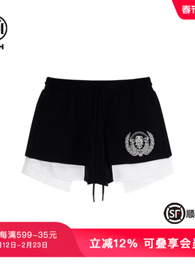 TCH潮牌抽绳松紧腰烫钻短裤春秋新款小众撞色裤子女S69B216016