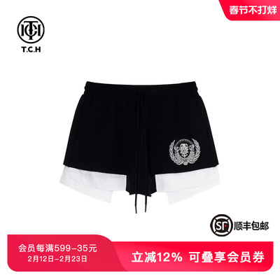 TCH潮牌抽绳松紧腰烫钻短裤春秋新款小众撞色裤子女S69B216016