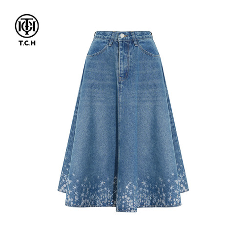 TCH轻奢烫钻潮牌A字高腰显瘦牛仔半身裙女25秋冬新款T75C22E9003