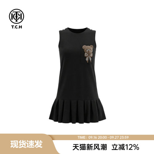 TCH【时尚潮牌】春款小熊烫钻水手领黑色女无袖连衣裙T78A30B9004