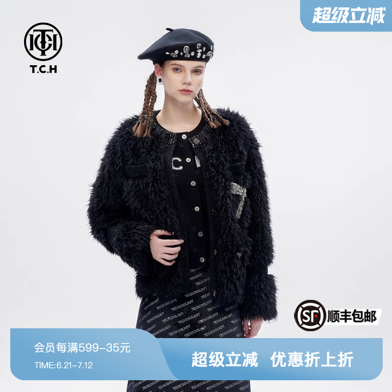 TCH法式名媛皮草时髦气质名媛外套女2024秋冬新款烫钻翅膀毛毛衣