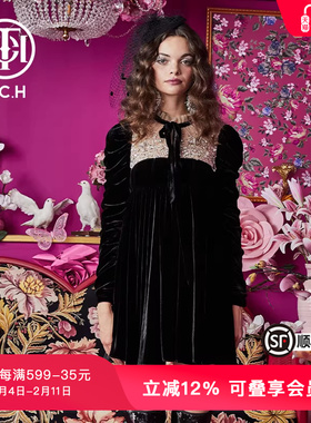 TCH轻奢潮牌丝绒连衣裙手工网纱碎钻复古礼服高级感女T66A306103