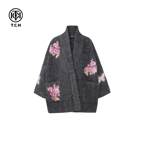 TCH潮牌烫钻宽松羊驼毛外套羊毛呢子大衣冬季新款T72D286016