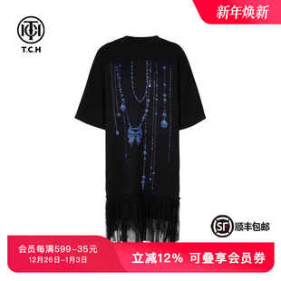 TCH私服烫钻黑色连衣裙蕾丝拼接休闲洋气宽松T恤裙女T75C30B1005