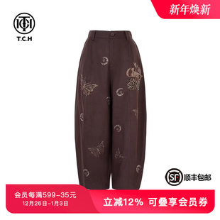 TCH私服烫钻轻薄高腰显瘦阔腿宽松亚麻九分休闲裤 女夏T75B20E5160