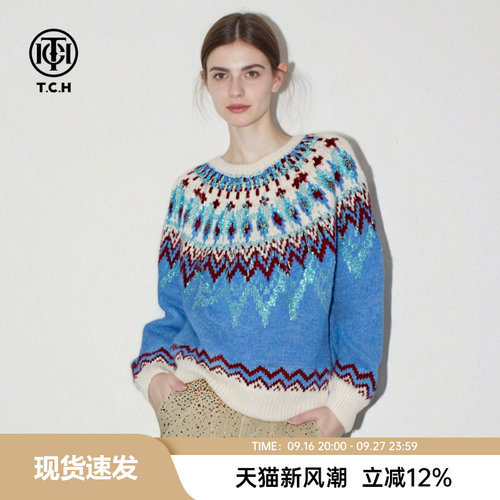 TCH烫钻费尔岛毛衣女秋冬宽松软糯保暖百搭圆领针织衫T78A09E1015
